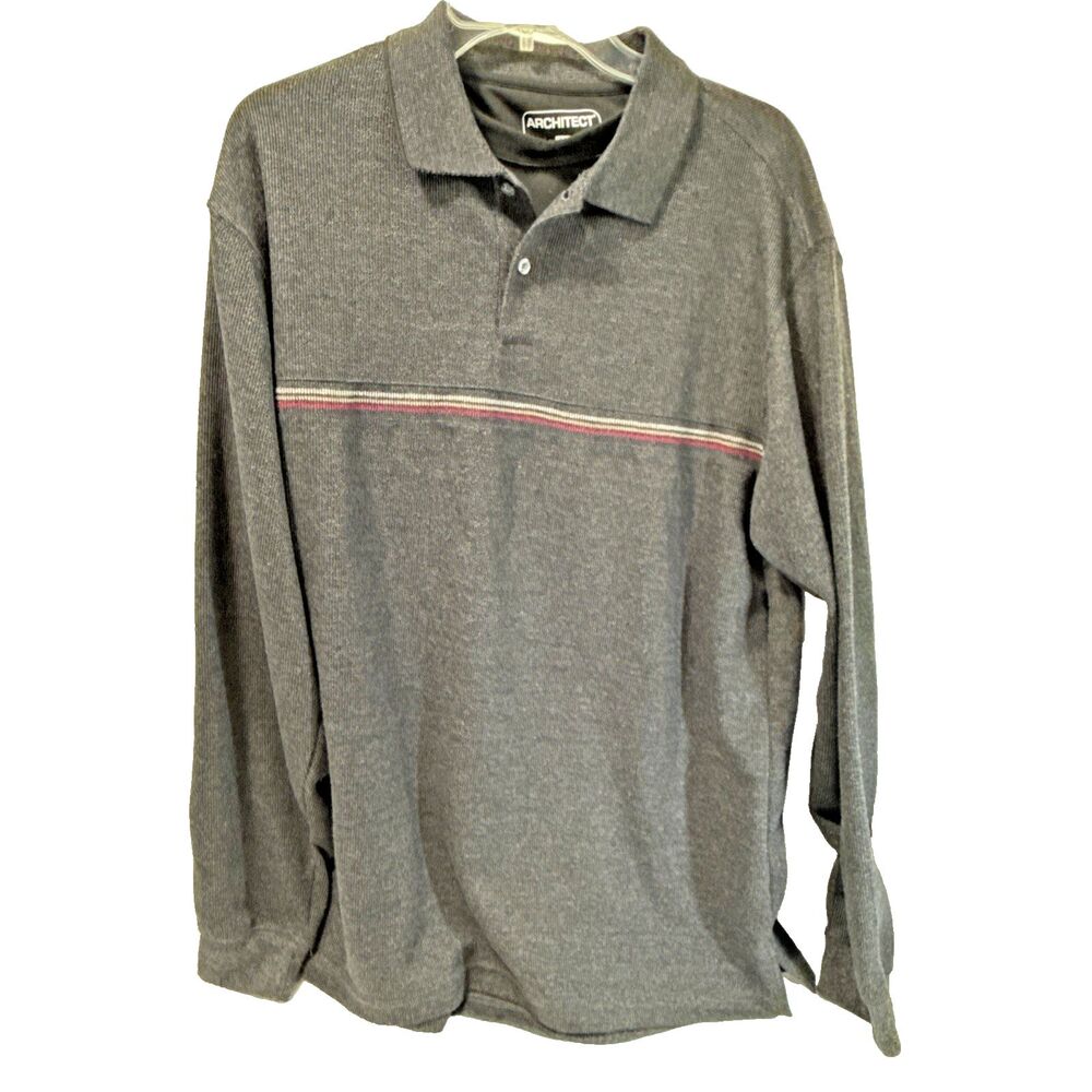 Architect Men's Polo Style Shirt Size Large Grey Red Stripes Top Long Sleeve